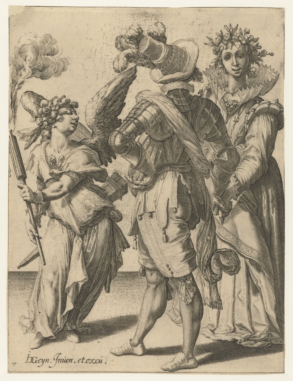 Um Cupido vendado com uma tocha na frente de um casal em trajes festivos As Máscaras (título da série) de Jacob de Gheyn (II) (workshop of)