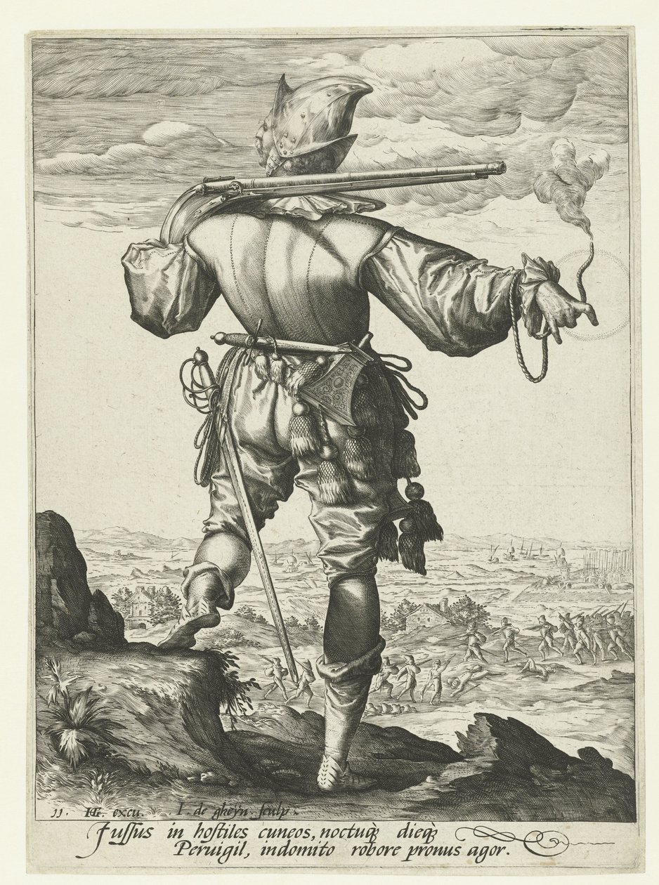 Mosqueteiro (arquebusier?) com capacete Oficiais e Soldados (título da série) de Jacob de Gheyn (II)