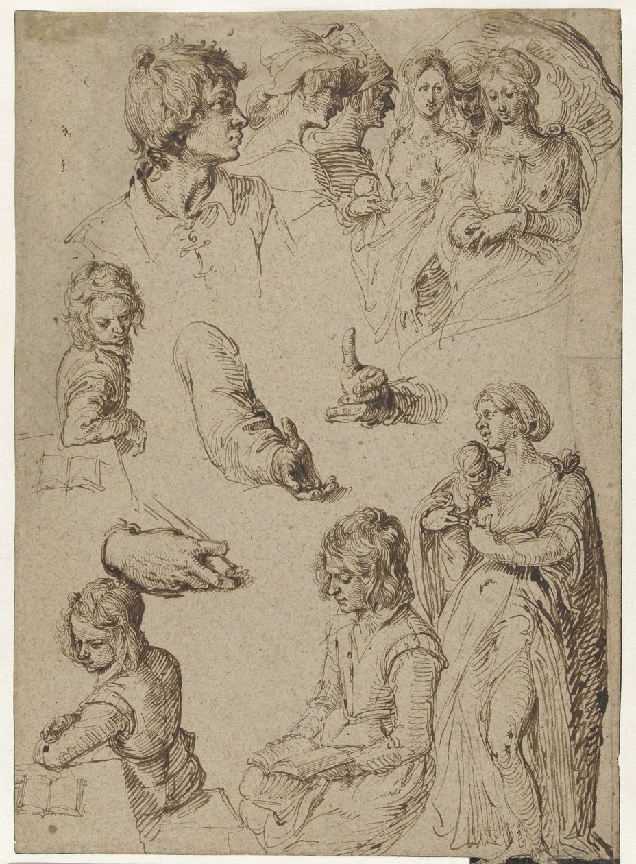 Estudo de mãos e números
Folha de estudo mostrando um homem jovem, uma mulher com criança e um juízo de Paris ou o sábado das bruxas de Jacob de Gheyn (II)