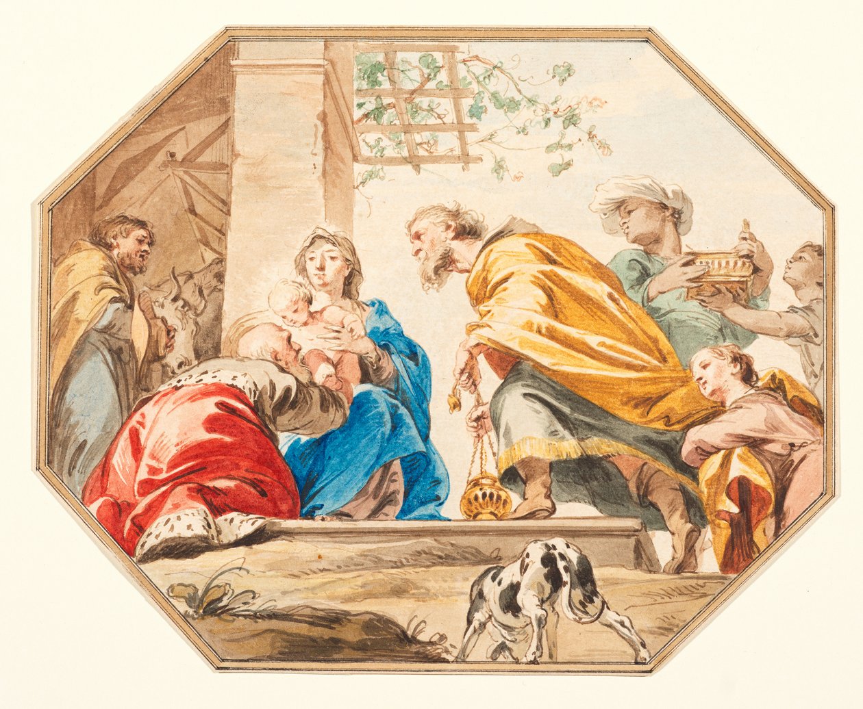 Adoração dos Reis Magos, c.1751 (grafite, caneta e tinta castanha, aguarela sobre papel vegetal, cortado em octógono, com margens de tinta castanha e lavagem) de Jacob de Wit