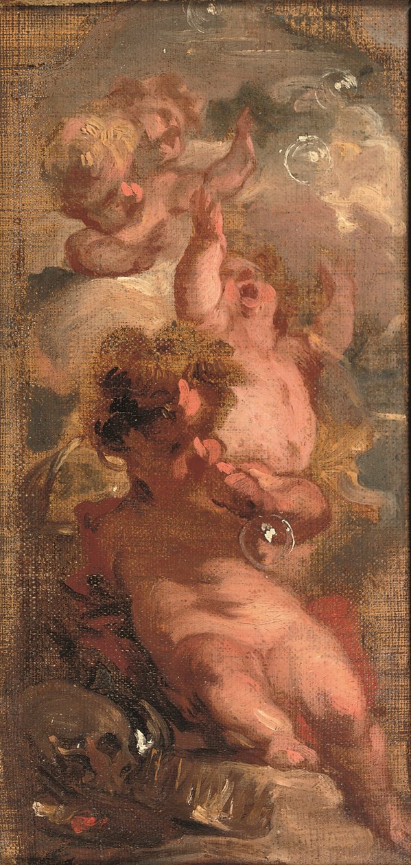 Uma alegoria de Vanitas: Quatro bolhas soprando putti, uma caveira, uma paleta de artista e uma coroa nas proximidades (óleo sobre tela colocado no painel) de Jacob de Wit