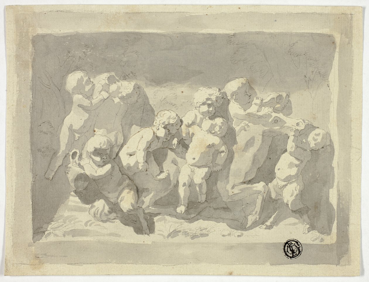 Sátiros e putti bebés a brincar com um burro de Jacob de Wit