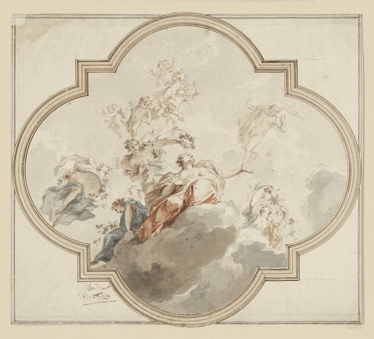 Esboço de colcha. Zephir e Flora de Jacob de Wit