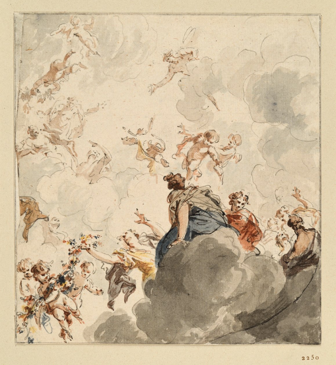 Esboço de um tecido para colcha com figuras femininas sentadas nas nuvens e cupidos com flores a flutuar no ar de Jacob de Wit