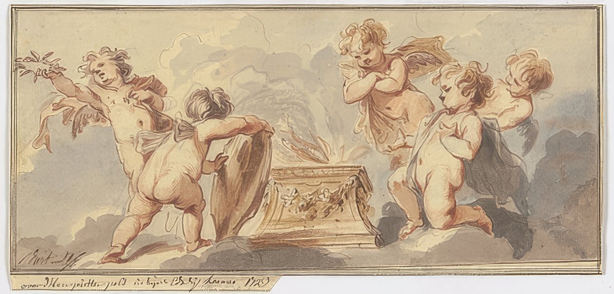 Cinco Amourettes se sacrificam em um altar. 1723 de Jacob de Wit