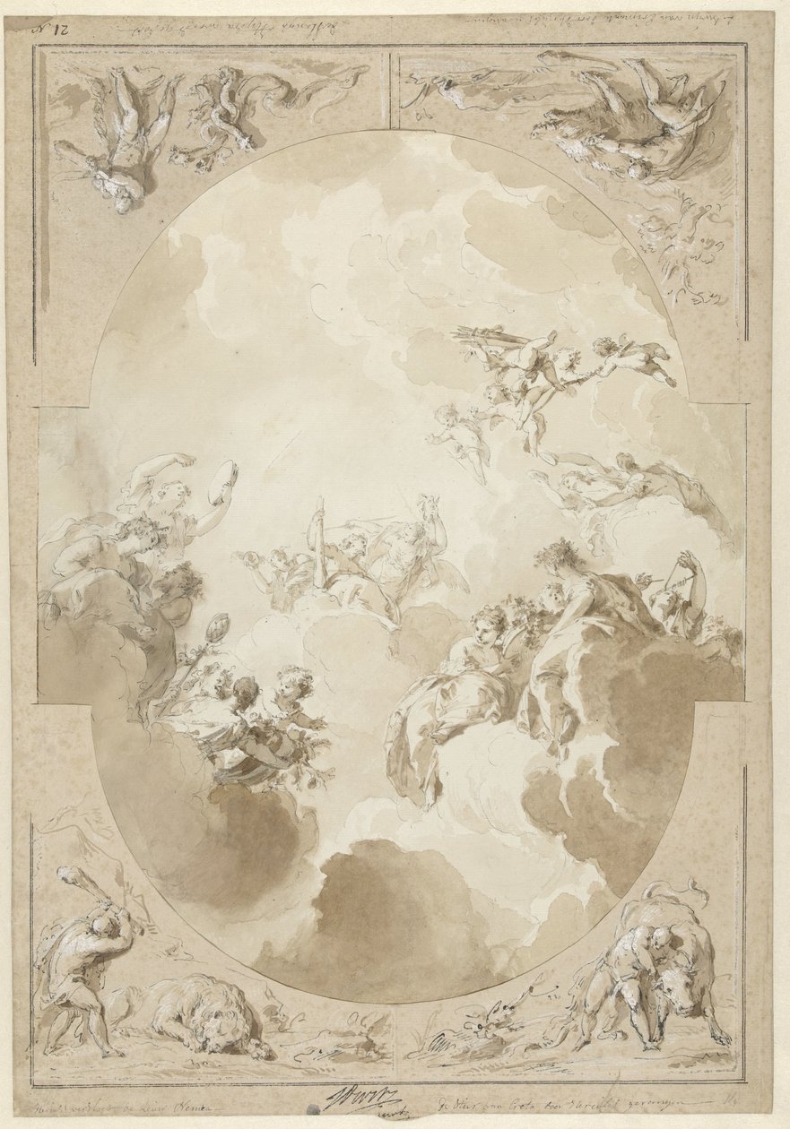 Projeto para uma pintura de teto representando a Apoteose de Hércules e quatro de suas obras de Jacob de Wit