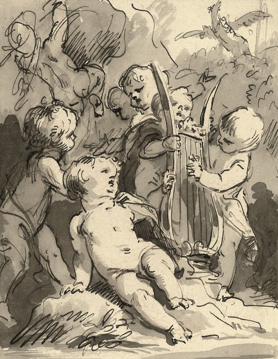 Putti tocando lira (giz vermelho, caneta e tinta preta e lavagem cinza) de Jacob de Wit