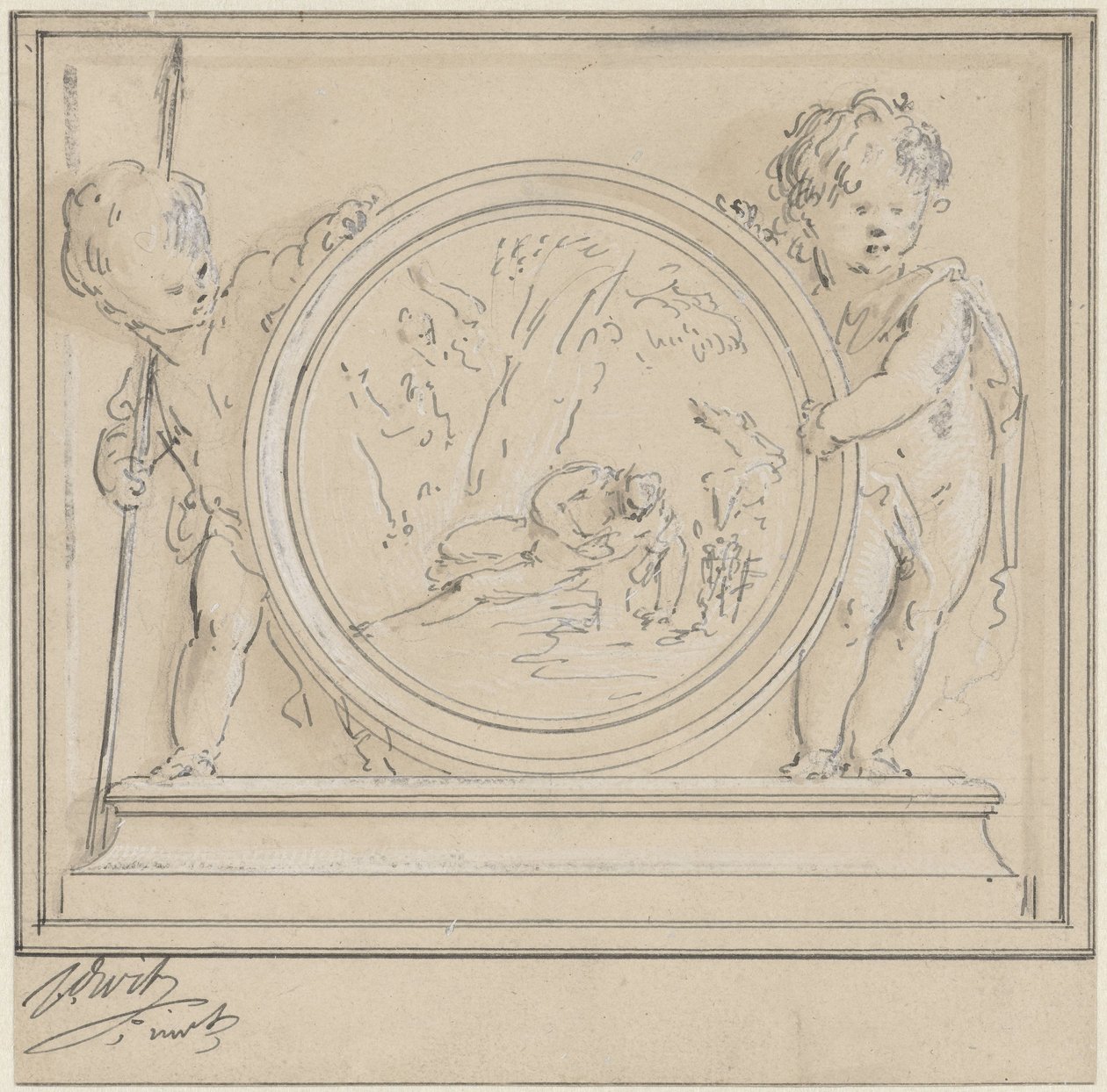 Dois putti com medalhão, em que Narciso e Eco de Jacob de Wit