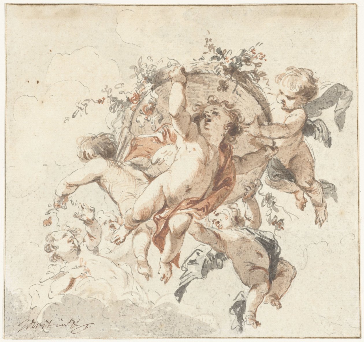 Querubins flutuantes com uma cesta de flores de Jacob de Wit
