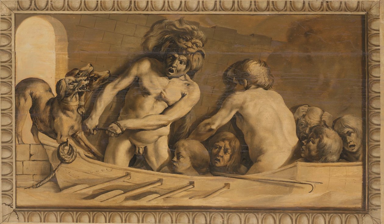 Hércules Obtém Cerberus do Submundo (Caronte, o Barqueiro do Estige) de Jacob van Campen