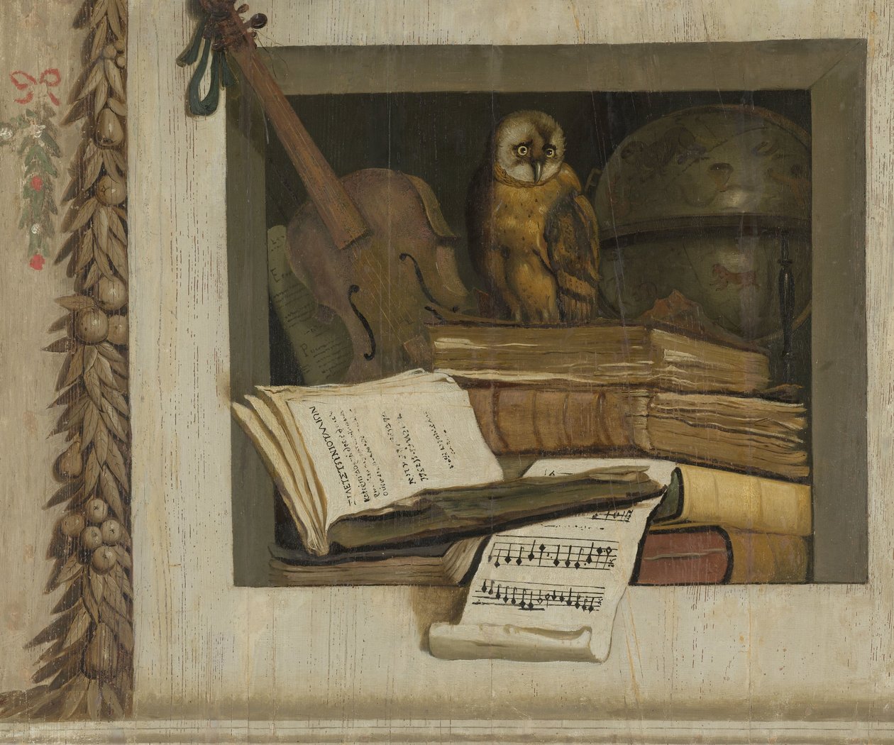 Natureza morta com livros, partituras, violino, globo celeste e uma coruja de Jacob van Campen
