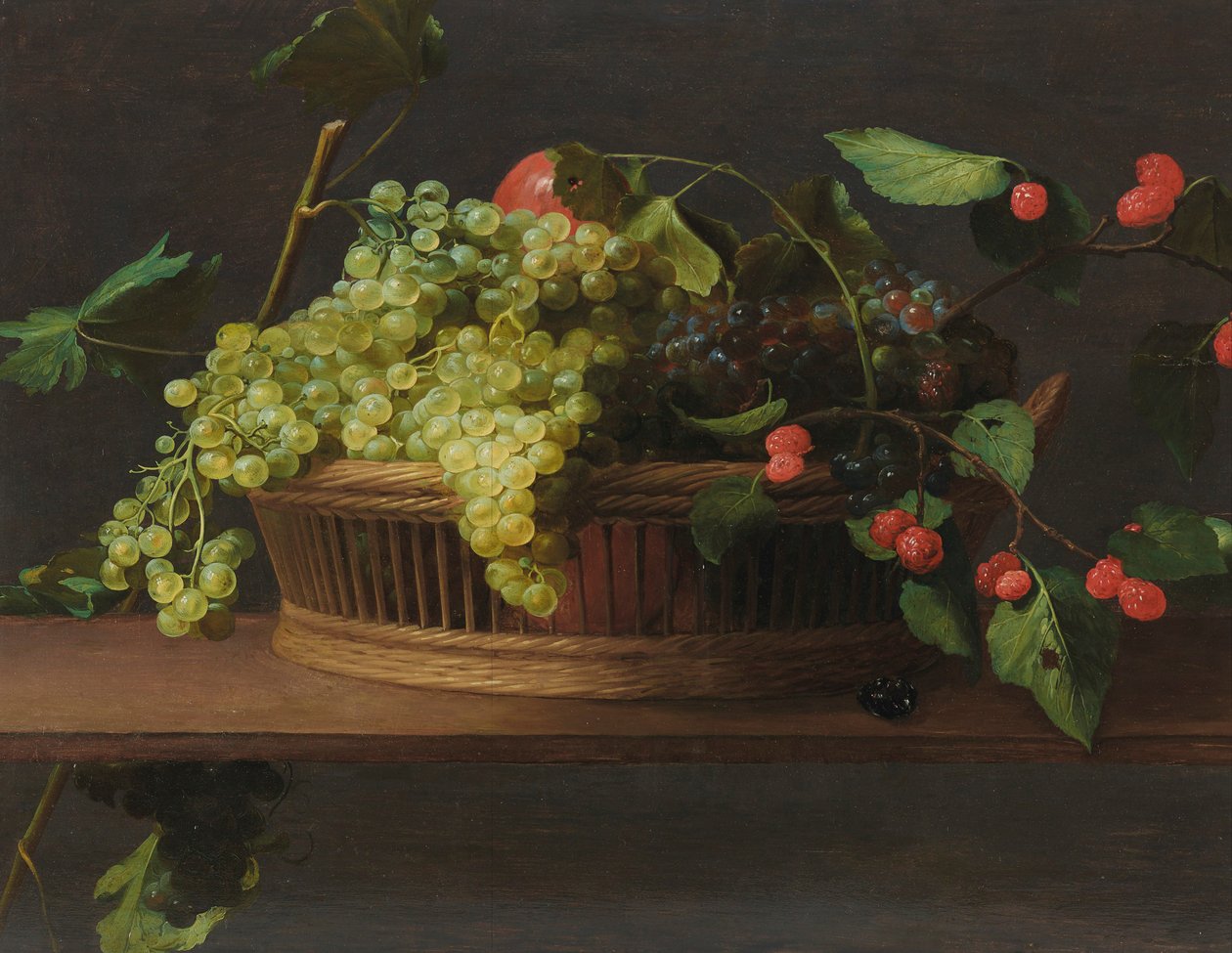 Um cesto de uvas e framboesas num parapeito de Jacob Van Es