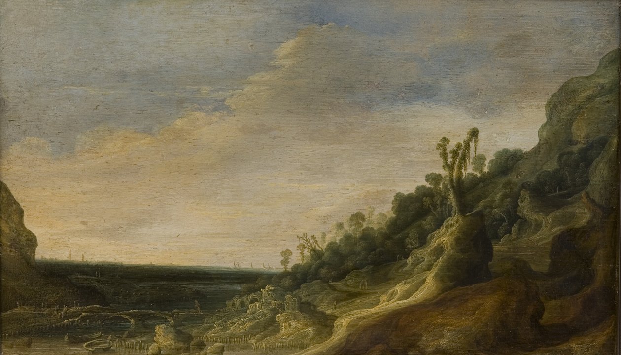 Cenário de montanha com vista para o rio e o mar de Jacob van Geel
