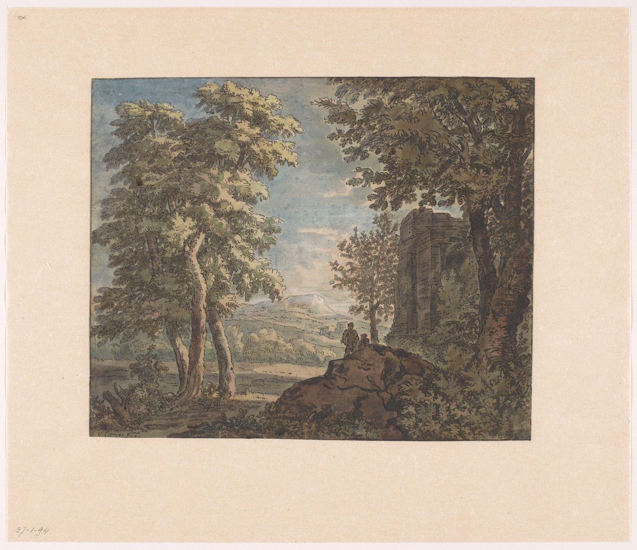 Paisagem Arcadian com ruínas antigas e dois homens de Jacob van Liender