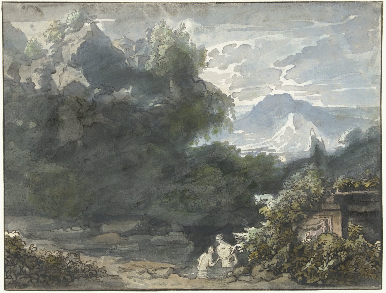 Banhistas em um monumento antigo em uma paisagem montanhosa de Jacob van Liender