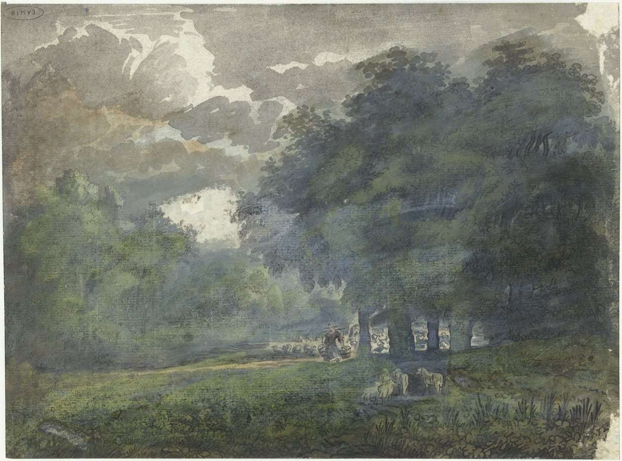 Pastores com rebanho na paisagem arborizada de Jacob van Liender