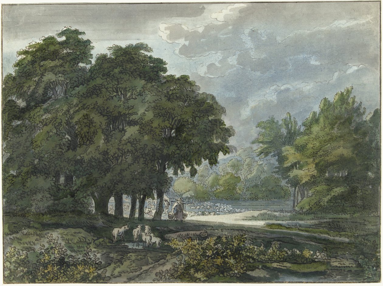 Pastores com rebanho na paisagem arborizada de Jacob van Liender