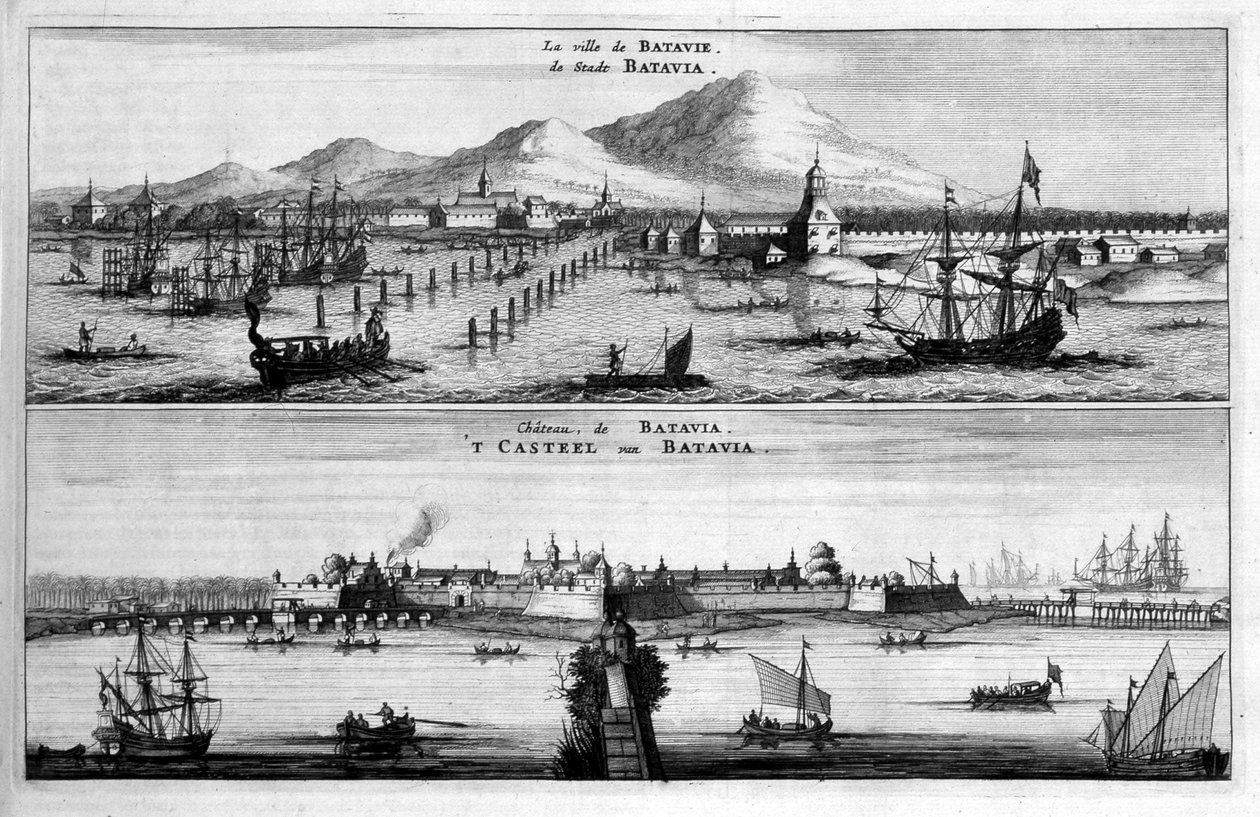 Vista da cidade, porto e castelo de Batávia - em "" Embaixada da Companhia Oriental das Províncias Unidas para o Imperador da China ou Grand Cam de Tartaria "" por Pierre de Goyer e Jacob de Keyser, Leiden de Jacob van Meurs