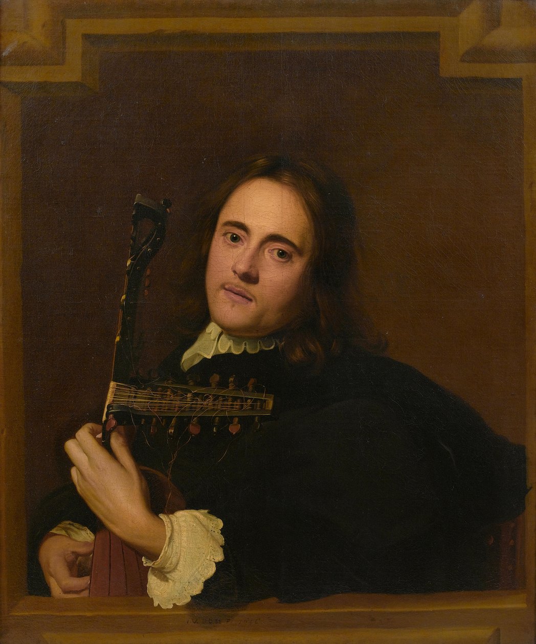 Um jovem junto a uma janela de pedra tocando um alaúde-torbo de Jacob van Oost