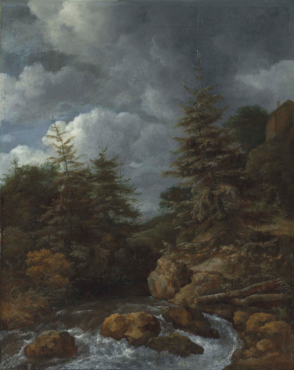 Uma paisagem fluvial com abetos junto a uma cascata de Jacob van Ruisdael