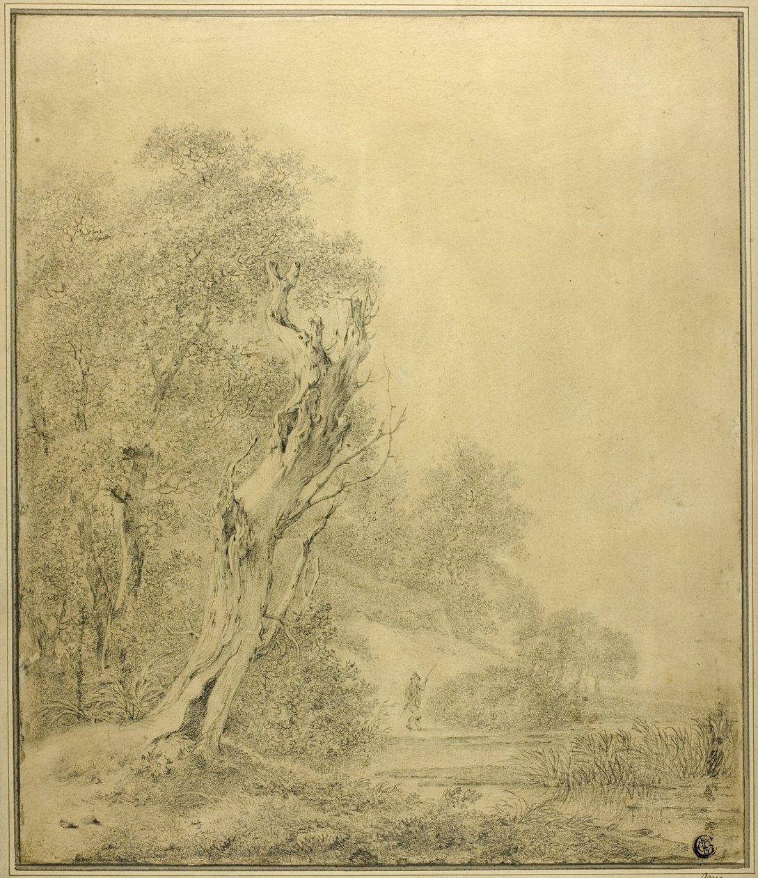 Árvore morta à beira da água, figura aproximando-se com um poste de Jacob van Ruisdael