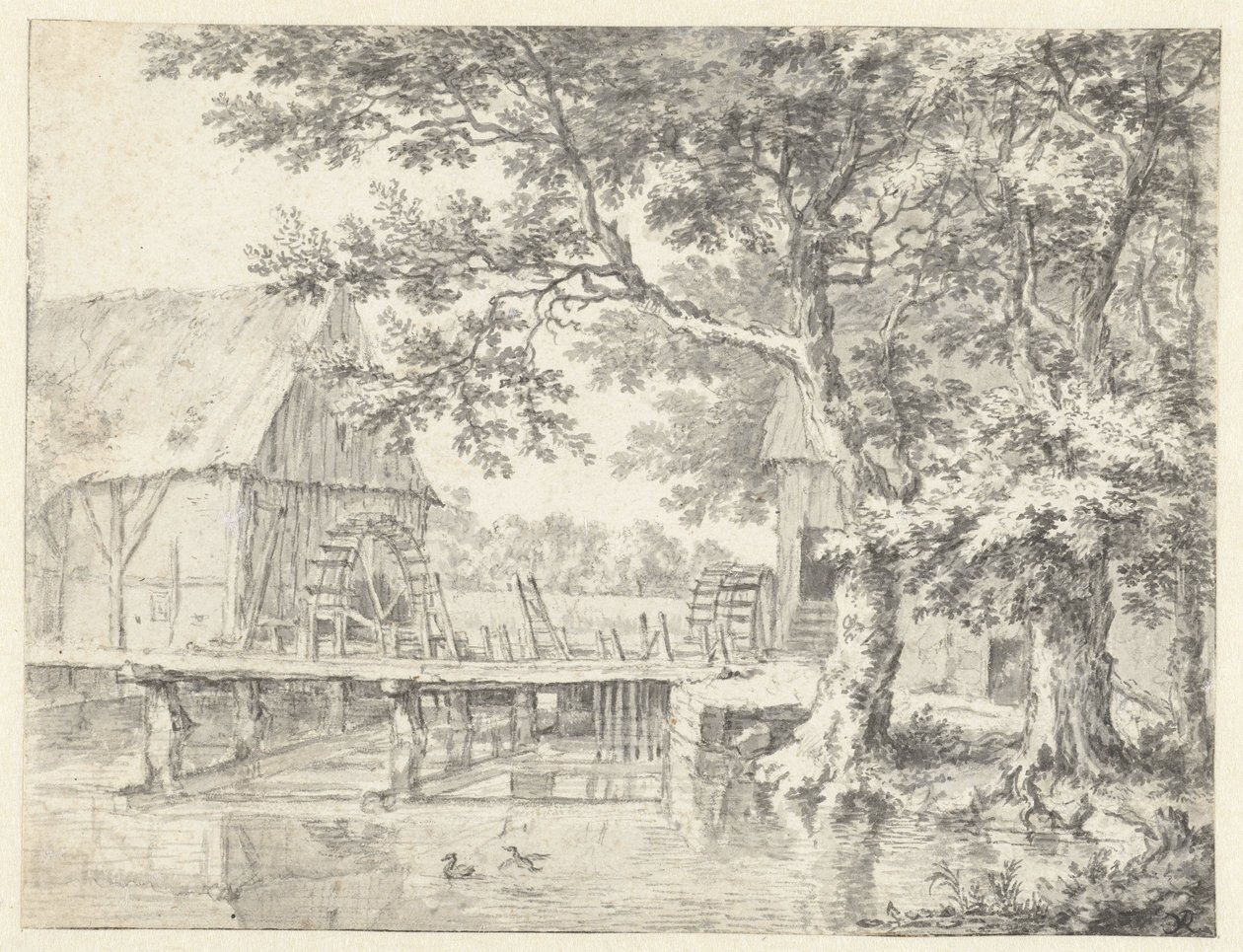 Desenho de um moinho de água duplo de Jacob van Ruisdael