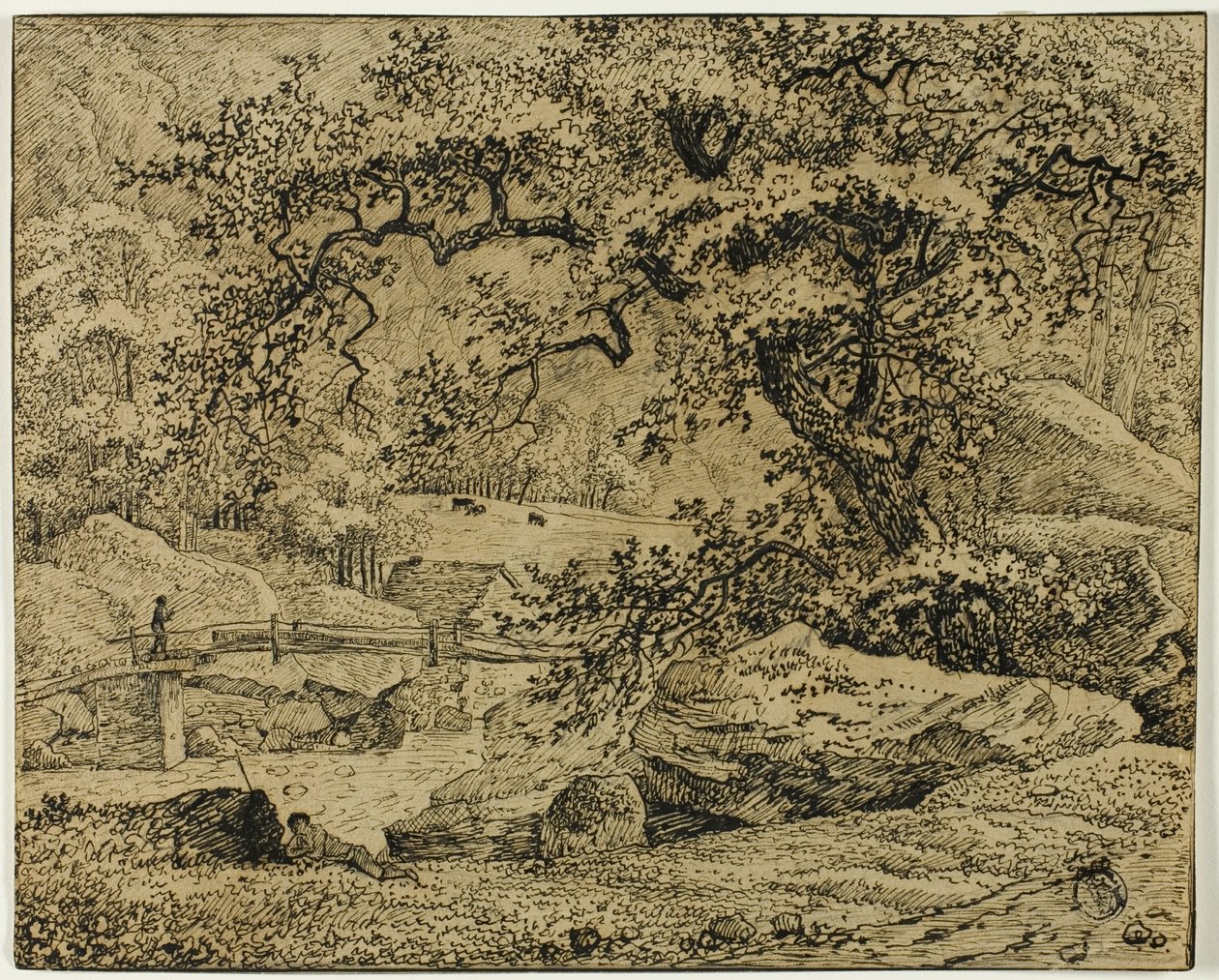 Paisagem com figura descansando debaixo de árvore por córrego de Jacob van Ruisdael