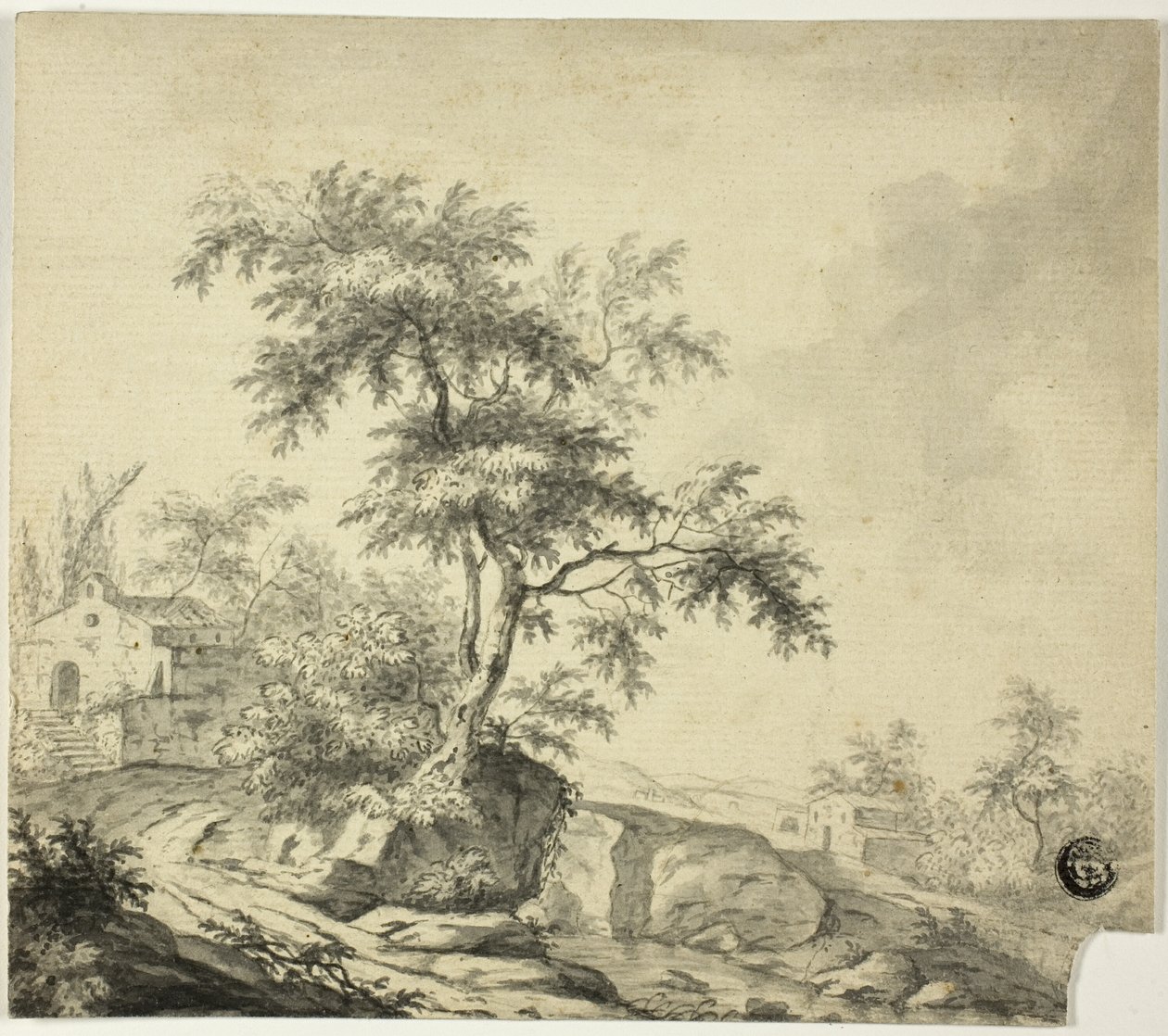 Paisagem com árvore na estrada para edifícios de Jacob van Ruisdael