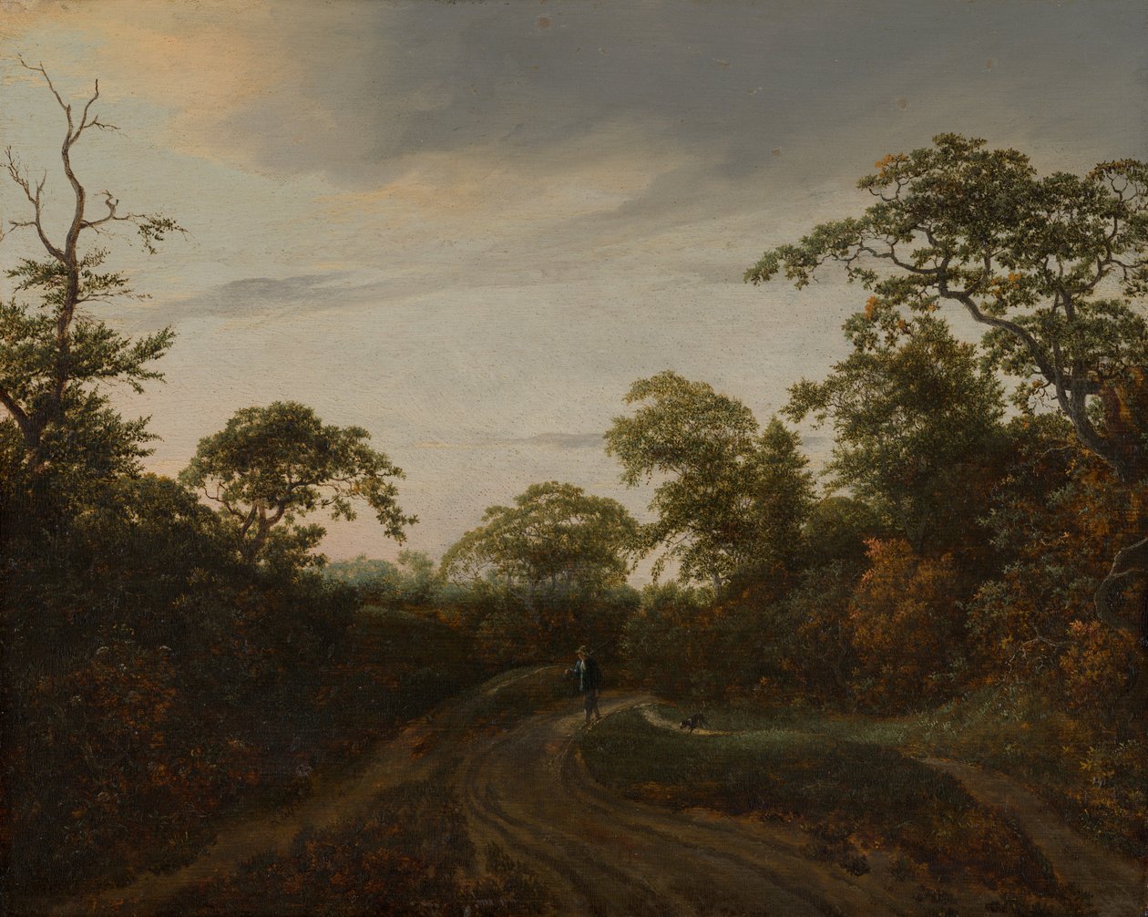 Estrada através de uma paisagem arborizada ao crepúsculo de Jacob van Ruisdael