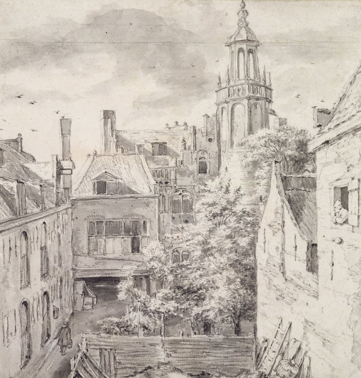 Vista do pátio da casa dos arqueiros do St. Sebastian Guild no Singel em Amsterdã (lápis e lavagem no papel) de Jacob van Ruisdael