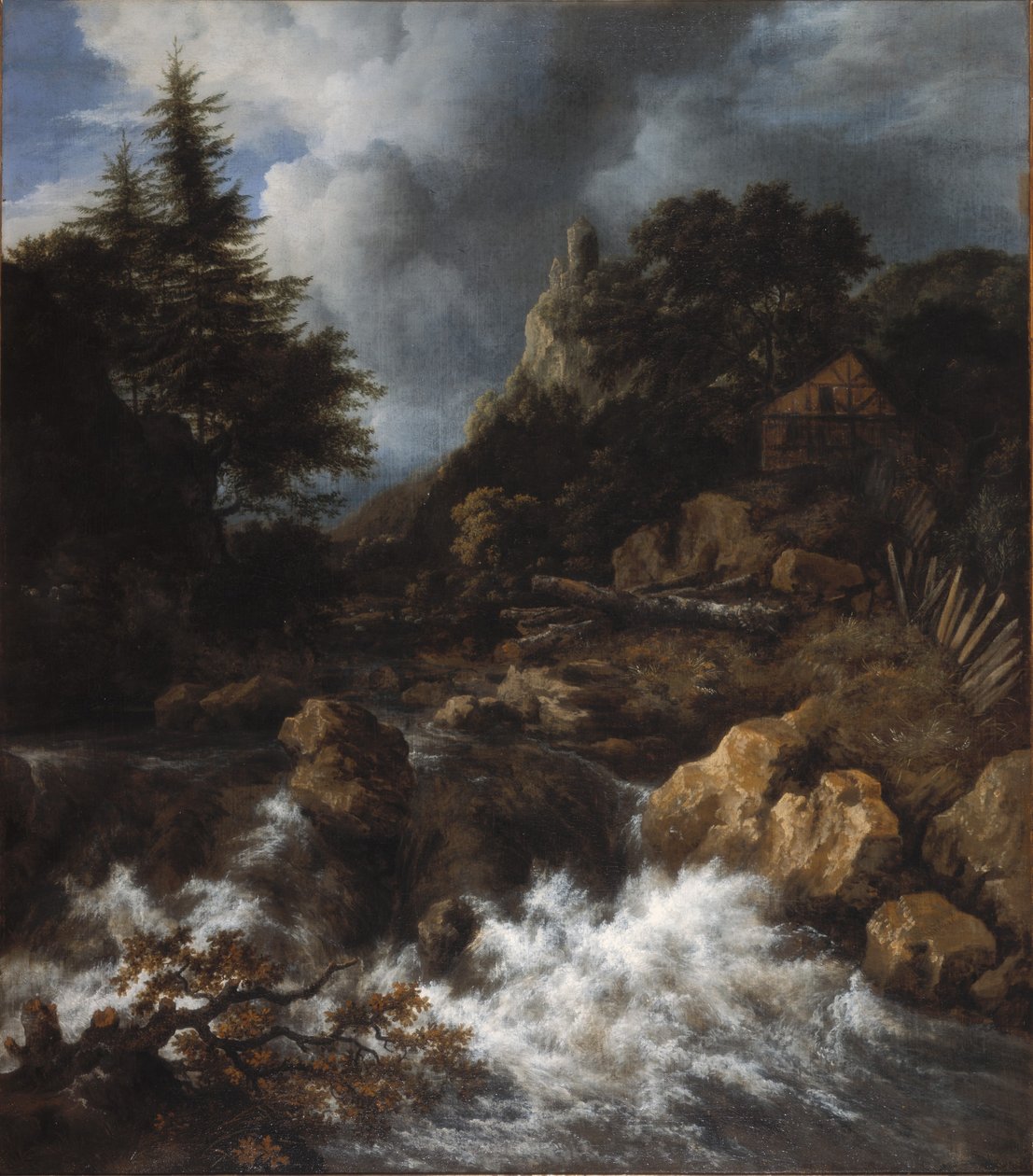 Cascata com uma casa de madeira e um castelo de Jacob van Ruisdael