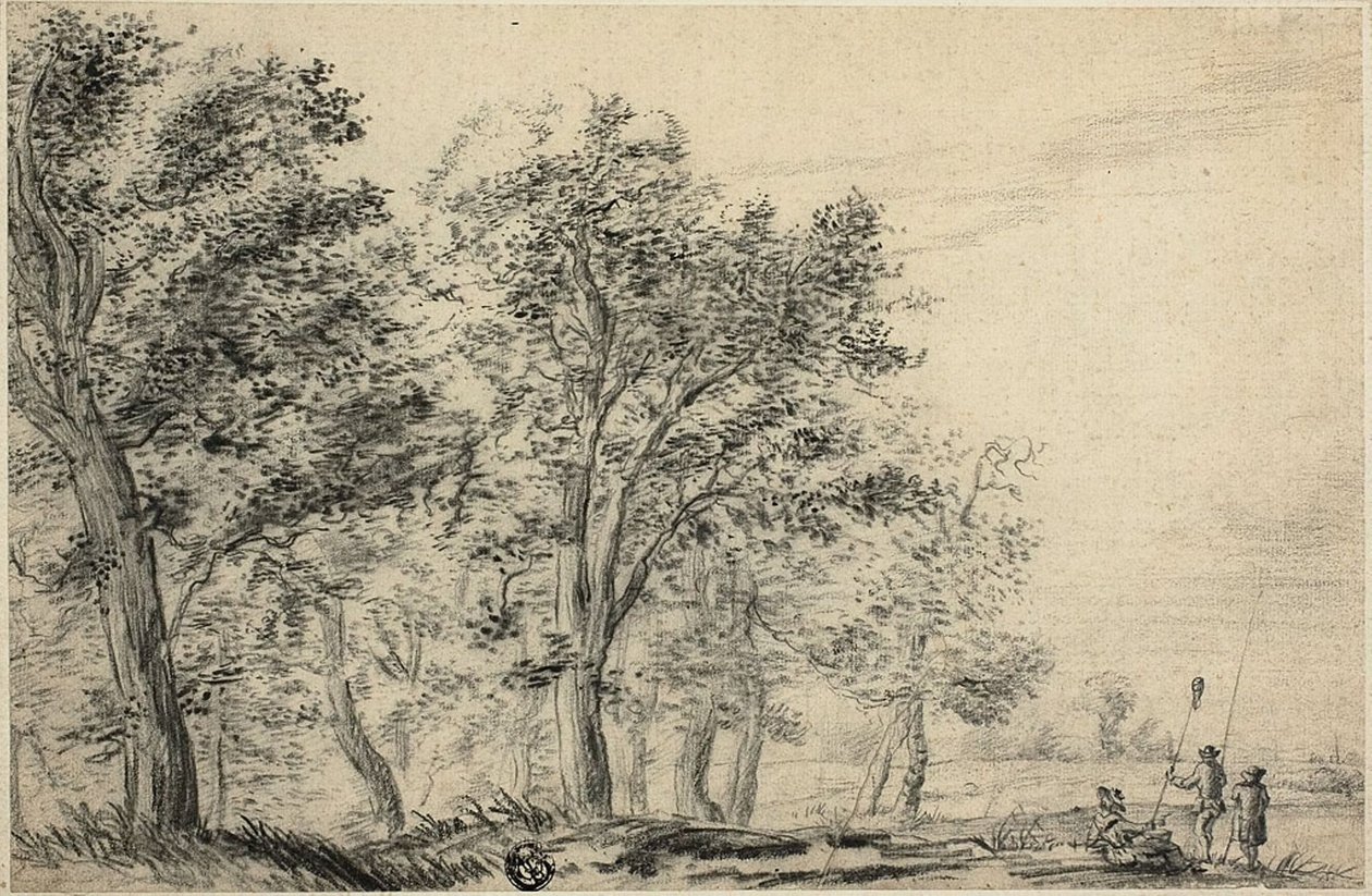 Paisagem de rio arborizado com três pessoas pescando de Jacob van Ruisdael