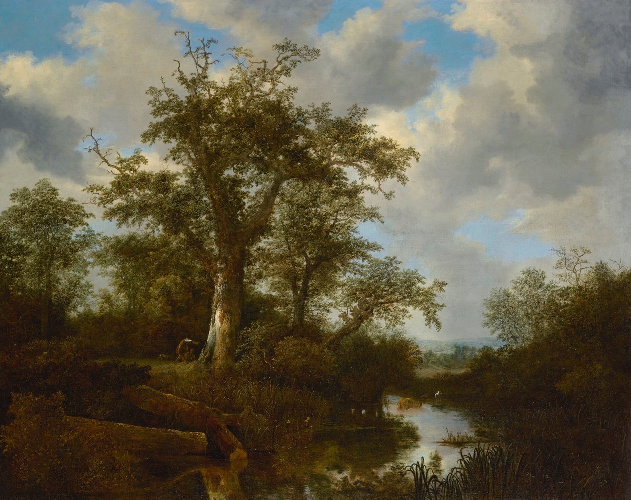 Paisagem arborizada com gado a atravessar um riacho de Jacob van Ruisdael