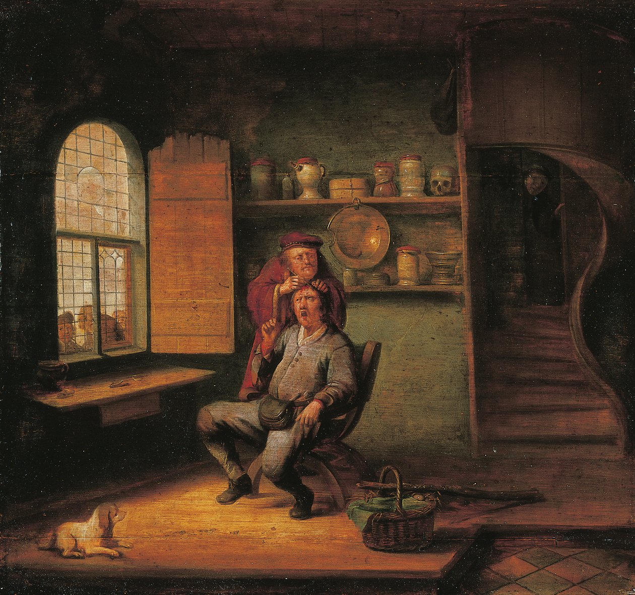 Uma cirurgia, com camponeses observando um médico remover uma pedra da cabeça de seu paciente de Jacob van Spreeuwen