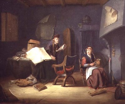 Interior com um estudioso e uma senhora idosa a rodar (painel) de Jacob van Spreeuwen