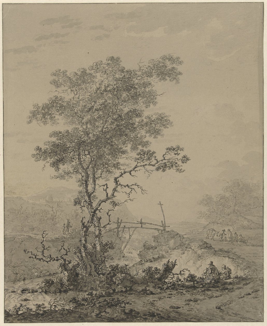 Paisagem montanhosa com uma árvore perto de um rio, uma ponte e algumas figuras de Jacob van Strij