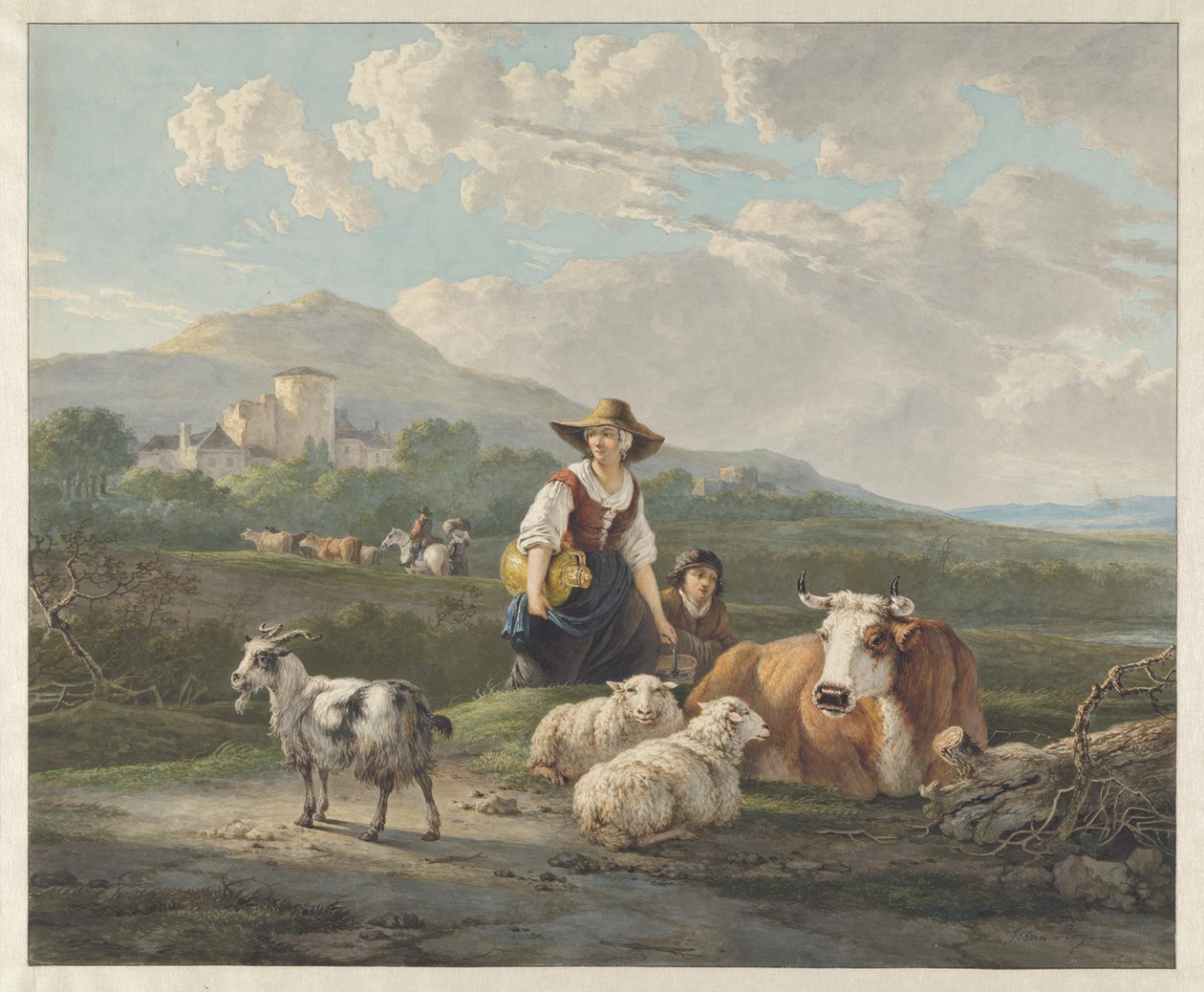Uma camponesa e um rapaz junto de ovelhas e uma vaca numa paisagem montanhosa de Jacob van Strij