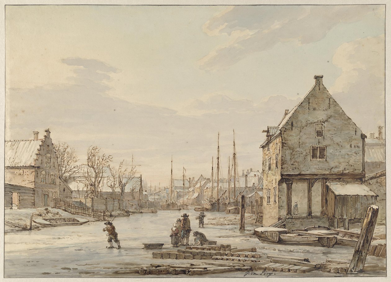 Vista junto à muralha da cidade de Dordrecht no inverno de Jacob van Strij