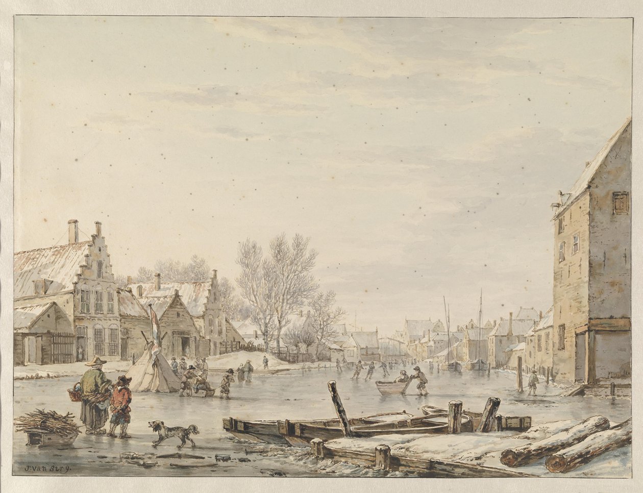Vista da muralha da cidade de Dordrecht no inverno de Jacob van Strij