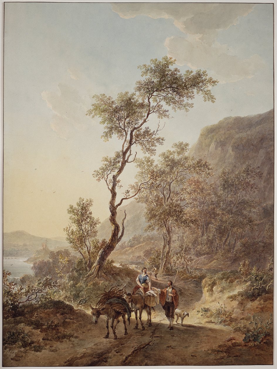 Paisagem italianizada com um casal de pastores numa estrada rural de Jacob van Strij