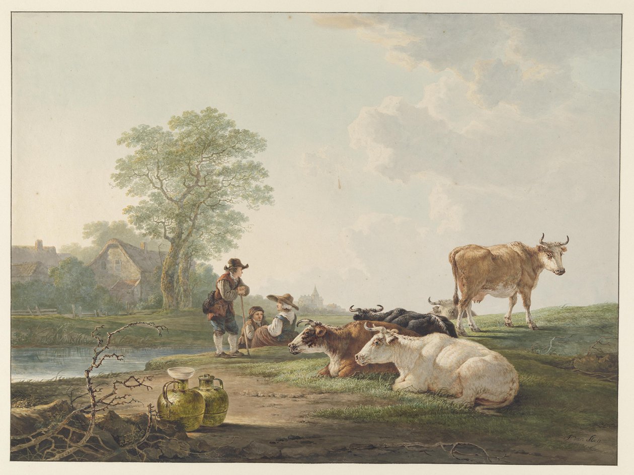 Camponeses junto de gado em repouso numa paisagem holandesa de Jacob van Strij