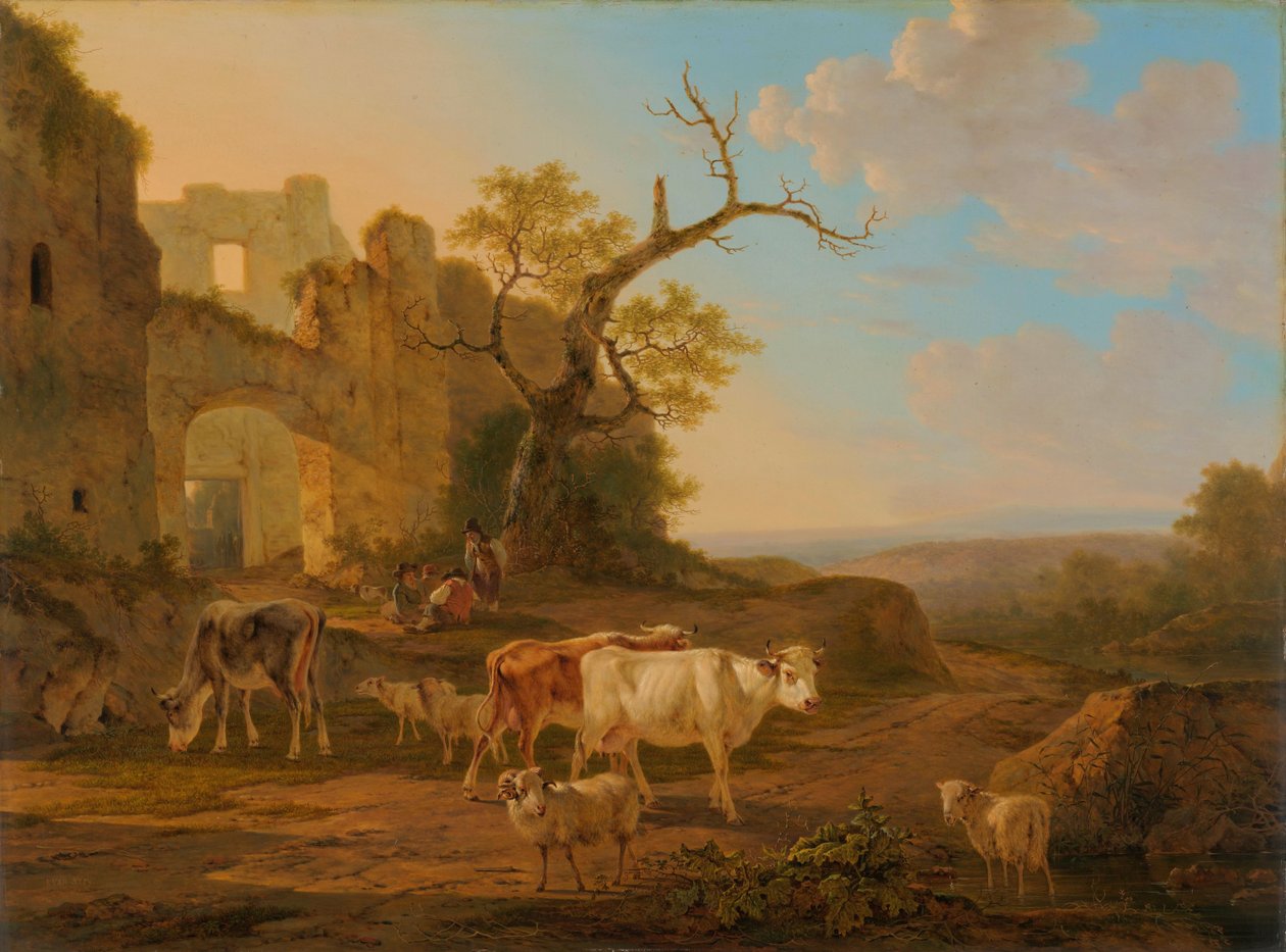 Paisagem com vacas perto de uma ruína de Jacob van Strij