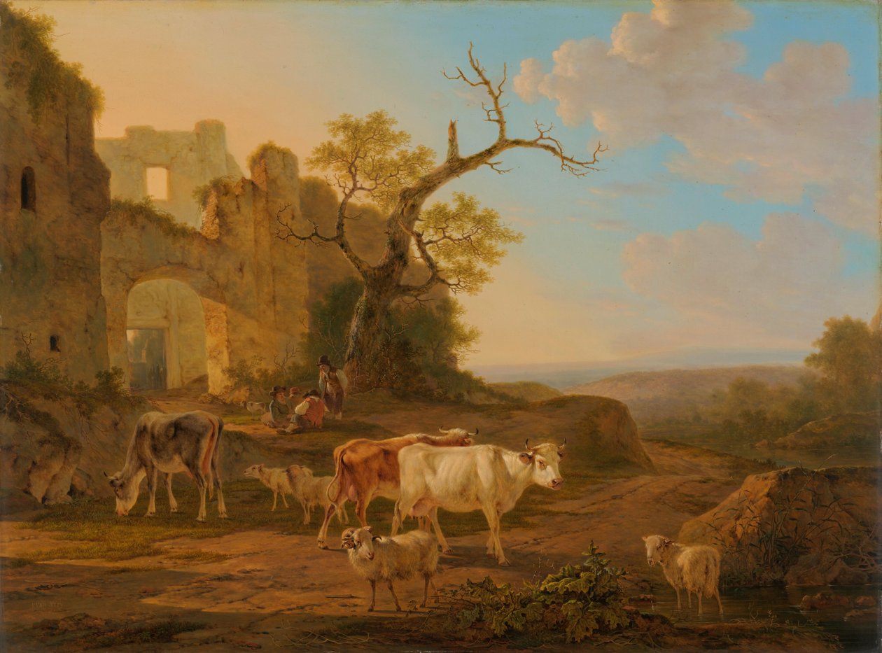 Paisagem com vacas perto de uma ruína de Jacob van Strij