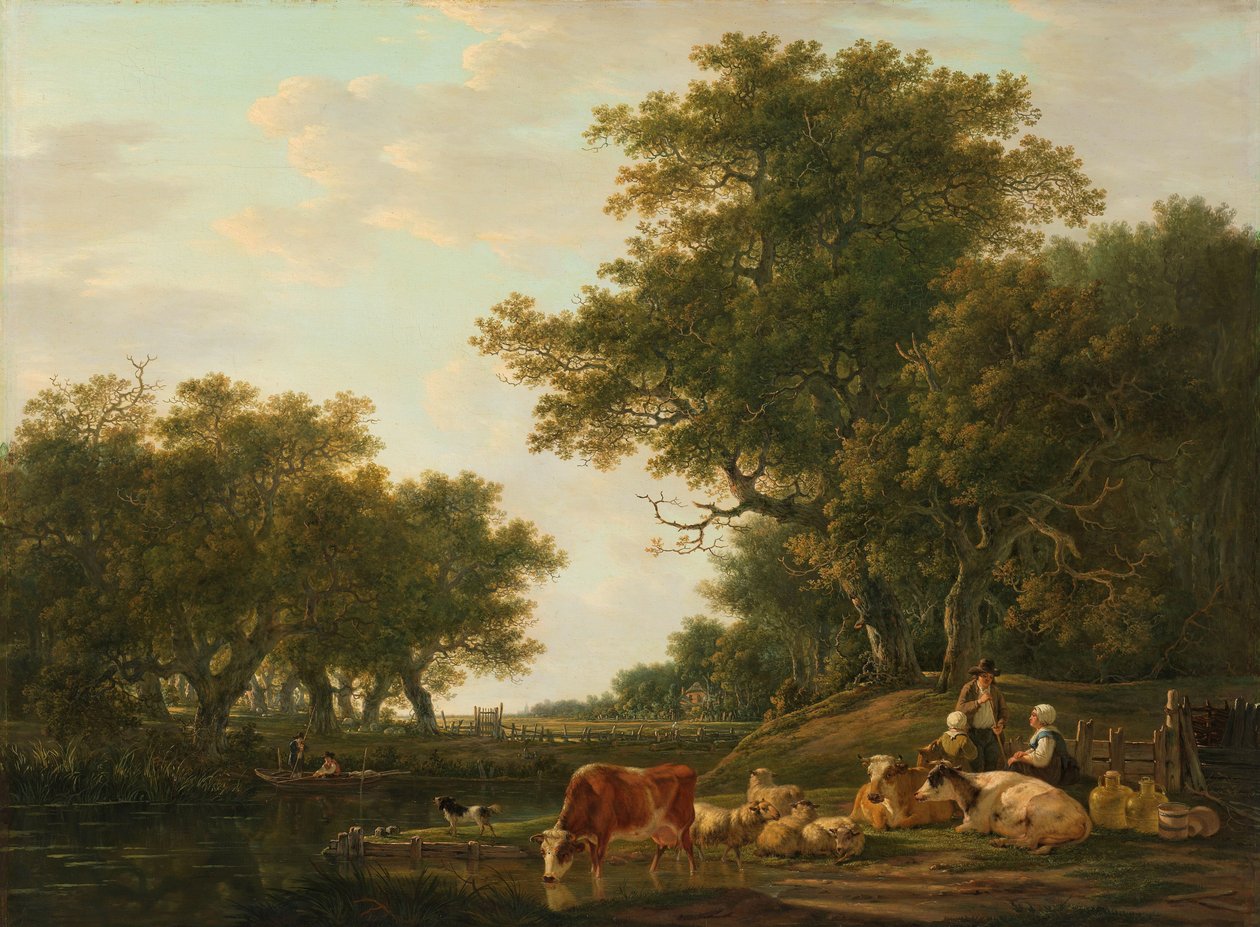Paisagem com camponeses com seu gado e pescadores na água de Jacob van Strij