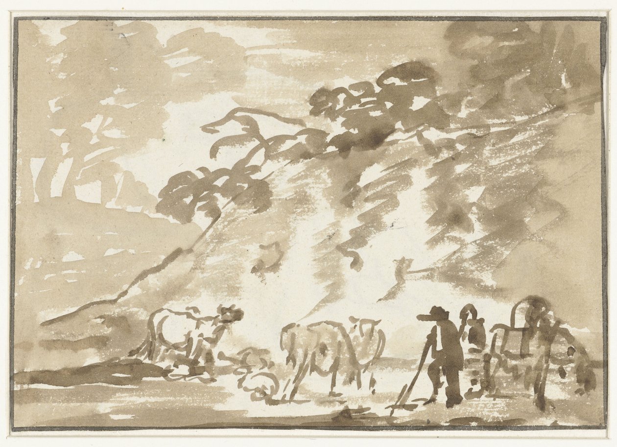 Paisagem com vacas e um pastor de Jacob van Strij