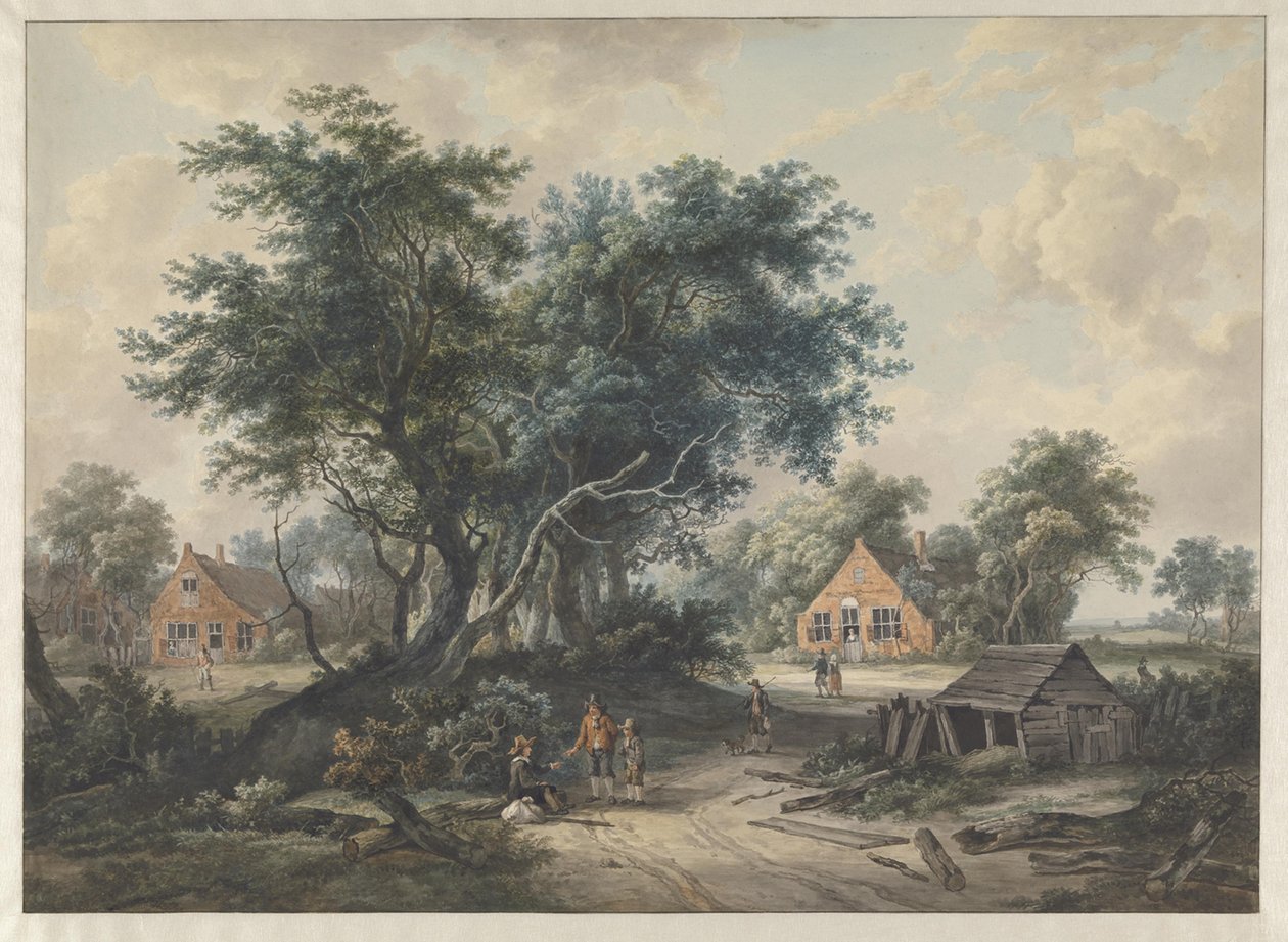 Segundo Hobbema. Casas rurais junto a árvores altas de Jacob van Strij
