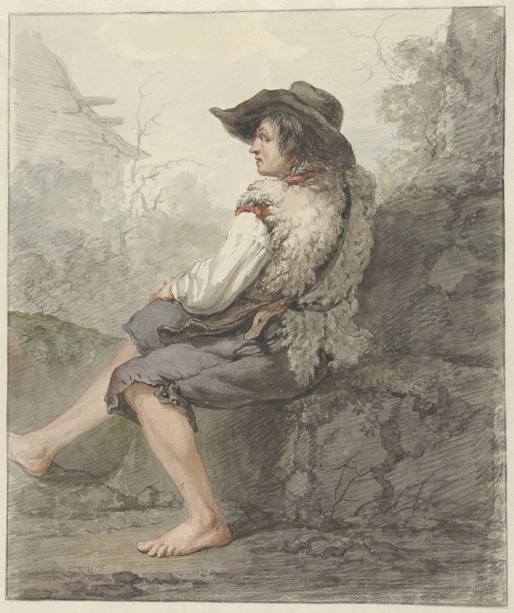 Menino sentado com chapéu e pele de carneiro, à esquerda de Jacob van Strij