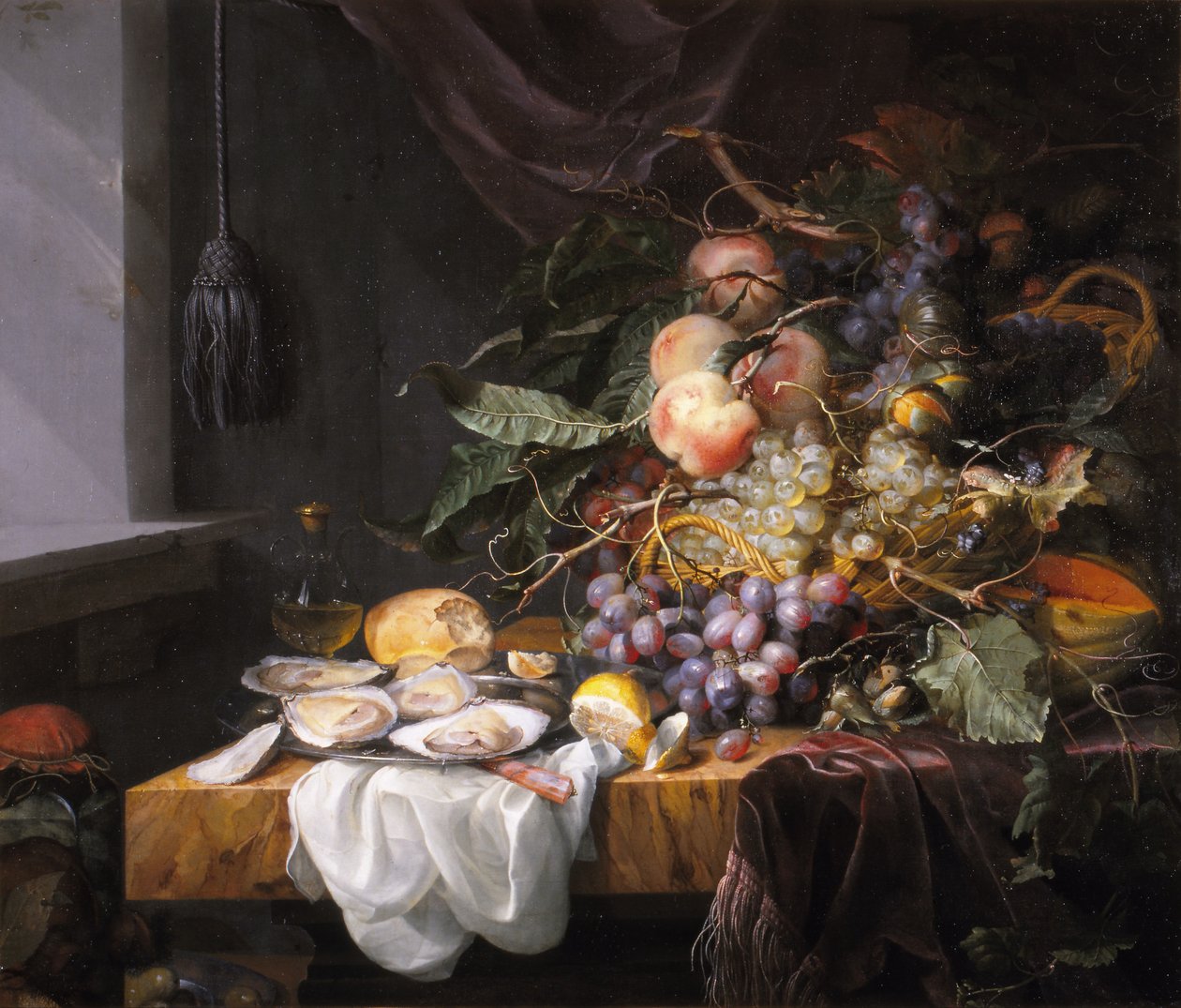Natureza morta com frutas e ostras de Jacob van Walscapelle