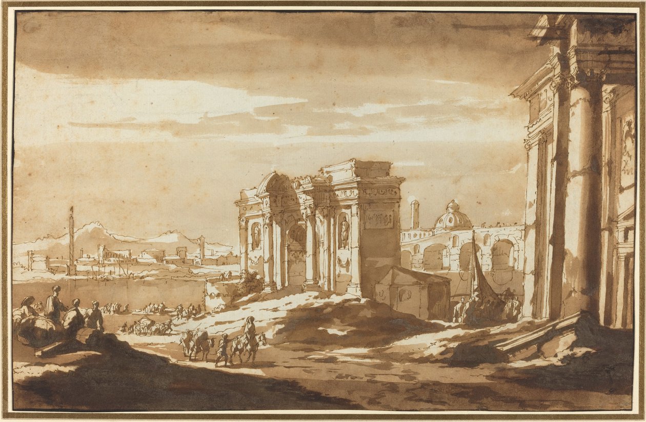 Uma visão caprichosa das ruínas romanas ao longo do Tibre de Jacob van der Ulft