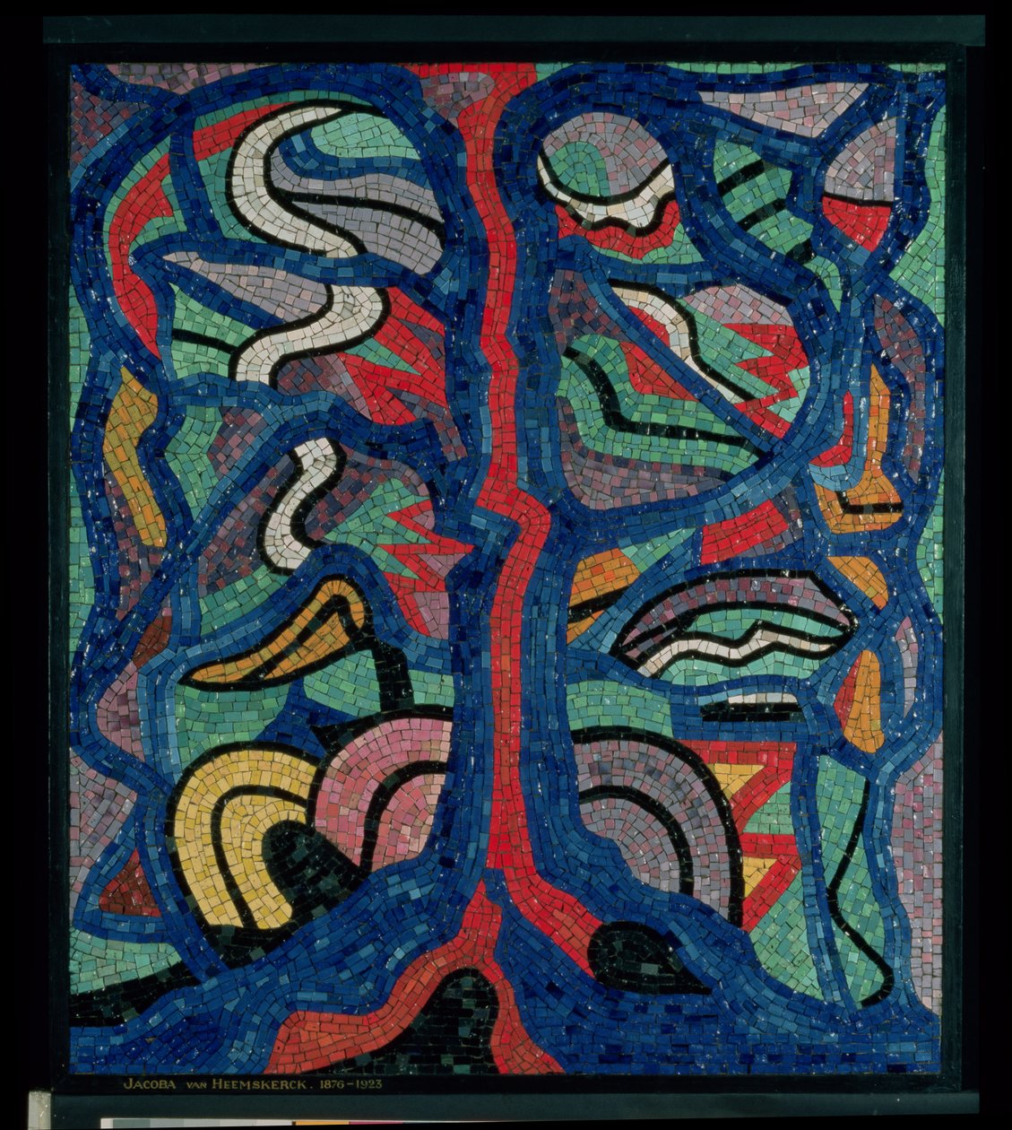 Árvore, composição em vermelho, preto, azul e amarelo (mosaico) de Jacoba Berendina van Heemskerck van Beest